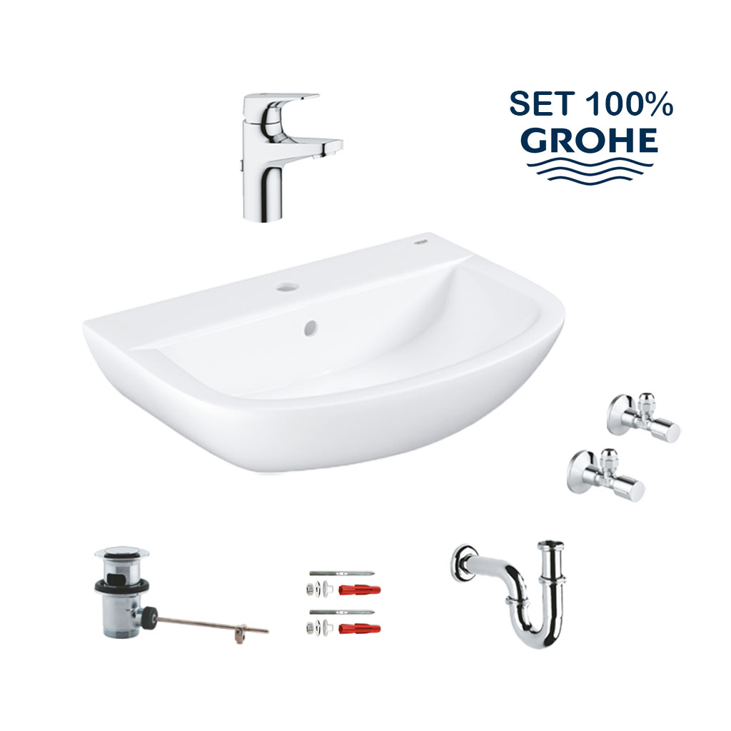 Grohe Set tout en 1 : lavabo suspendu 60 cm + mitigeur monocommande + siphon + robinet d'équerre (LAVABOMITIGEURGROHE)